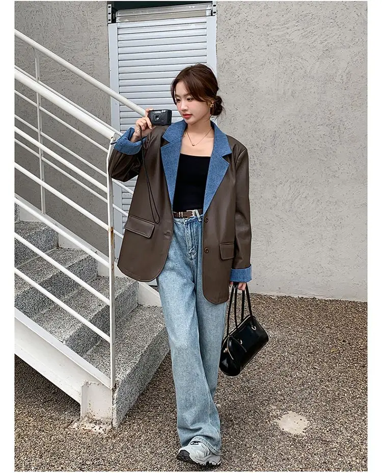 Casual Short Blazer Suit Jacket,for Women Clothing,Spring Autumn Denim Patchwork Leather Jackets, 2024 New Street Suit Coats