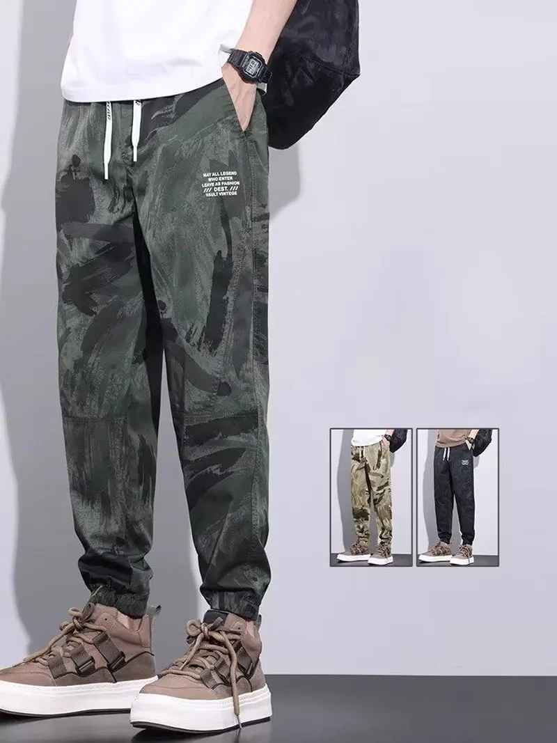 elastic waisted camouflage work pants for men and women, loose fitting ankle pants, running training casual sports pants