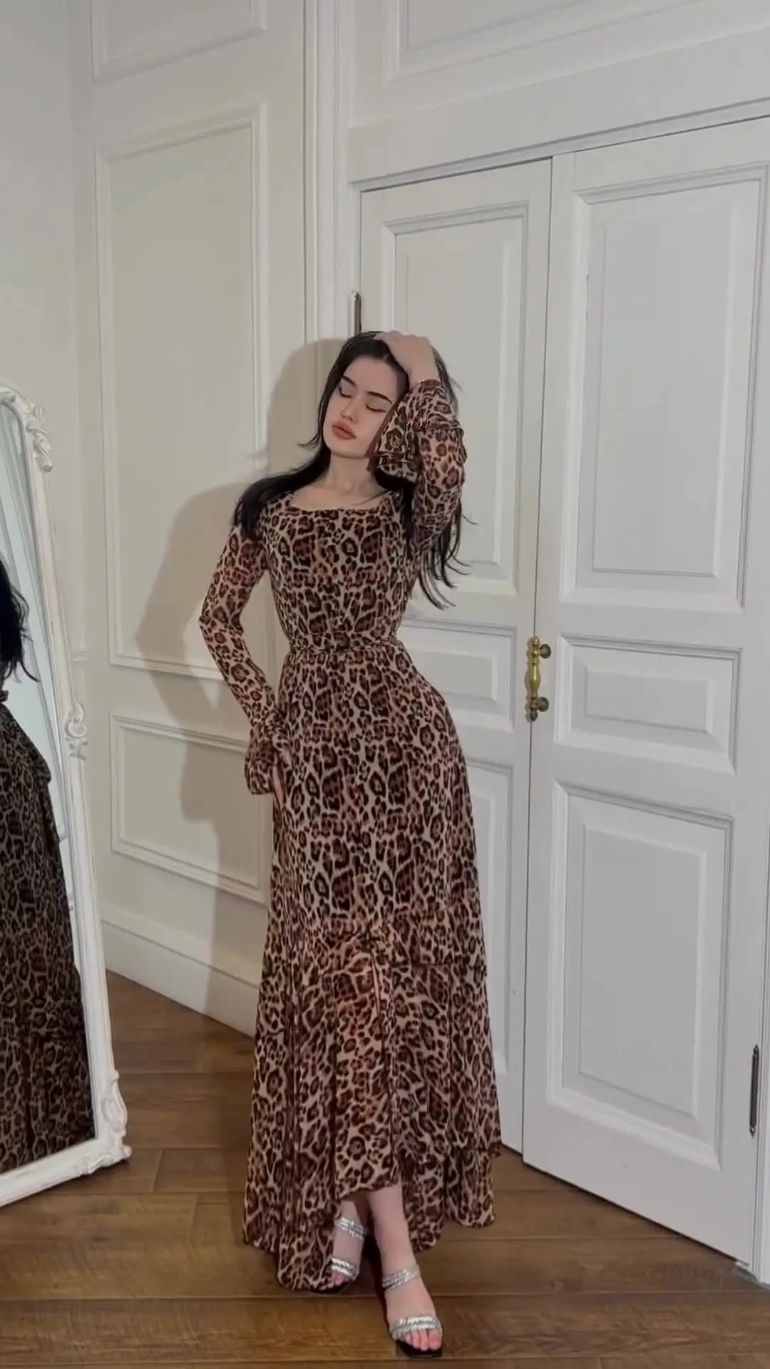 New Ladies Leopard Maxi Dress For Women Bandage High Waist Slim Contrast Patchwork Elegant Dress Chiffon Ruffled Long Dresses