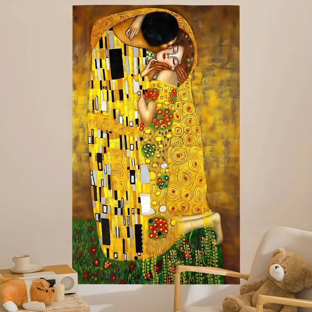 Gustav Klimt The Kiss Colorful Tapestry Wall Hanging Hanging Tarot Hippie Wall Rugs Dorm Wall Art Decor
