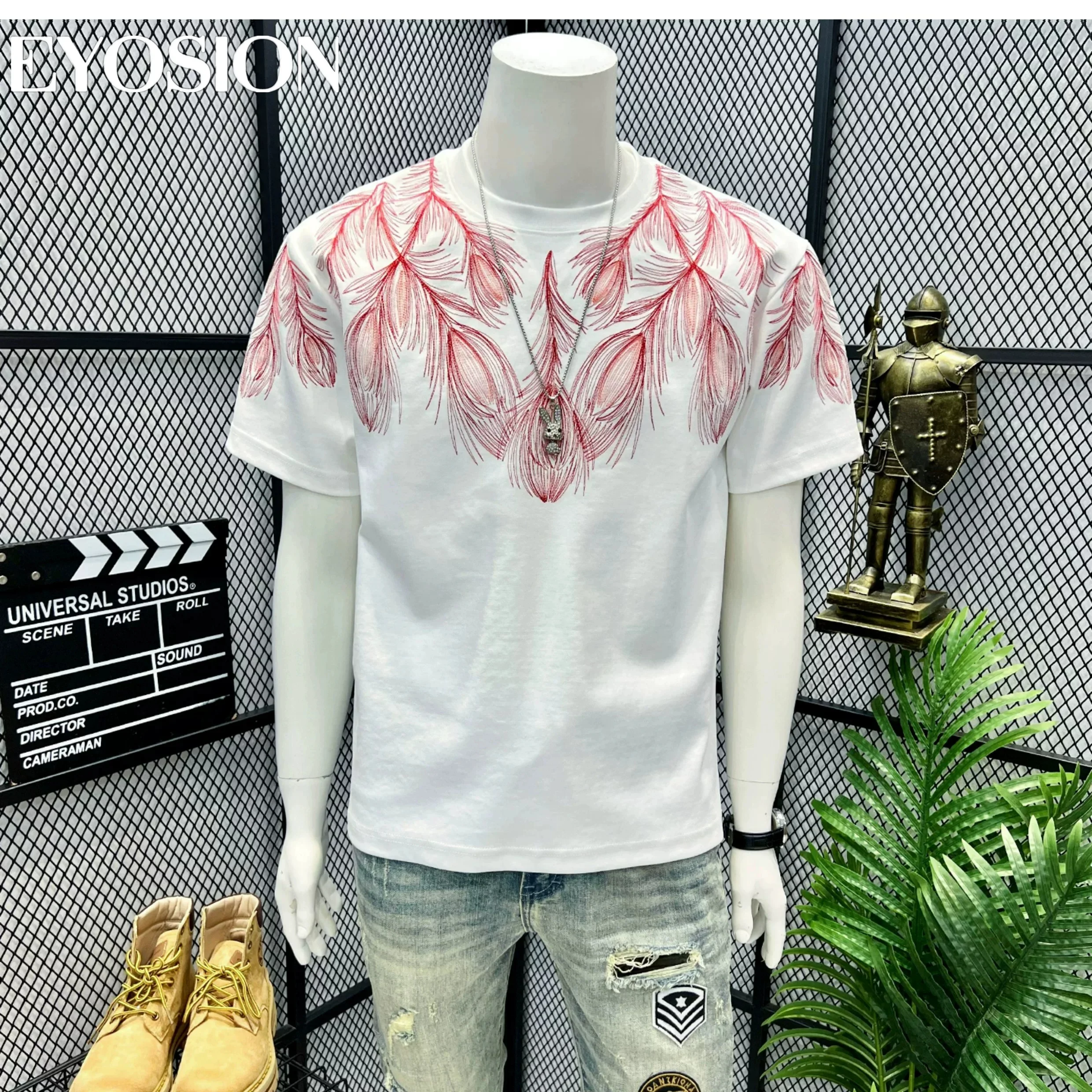 

2026 Summer Men's T-shirt Peacock Feathers Embroidery Unisex Tee Shirt Casual Tees O-Neck High Quality Cotton Short Sleeve Tops