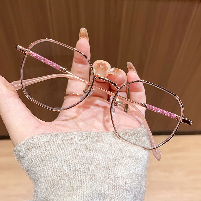 2026 Delicate Shimmering Temples Polygonal Presbyopia Glasses Lightweight Metal Frames Blue Light Blocking Women Reader Eyewear