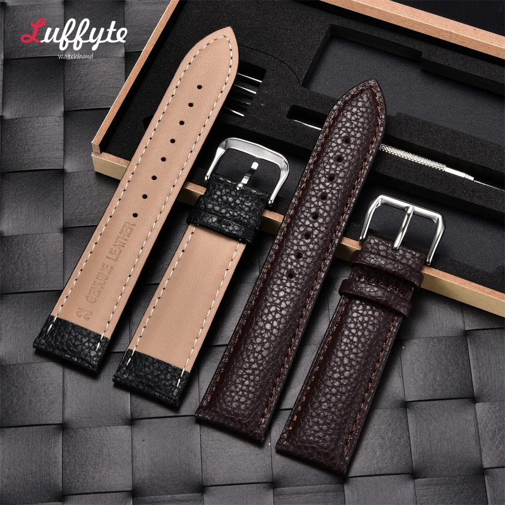 Litchi Grain Soft Leather Watch Strap with Gift Box Packaging Business Men Women Watchbands 18mm 20mm 22mm 24mm