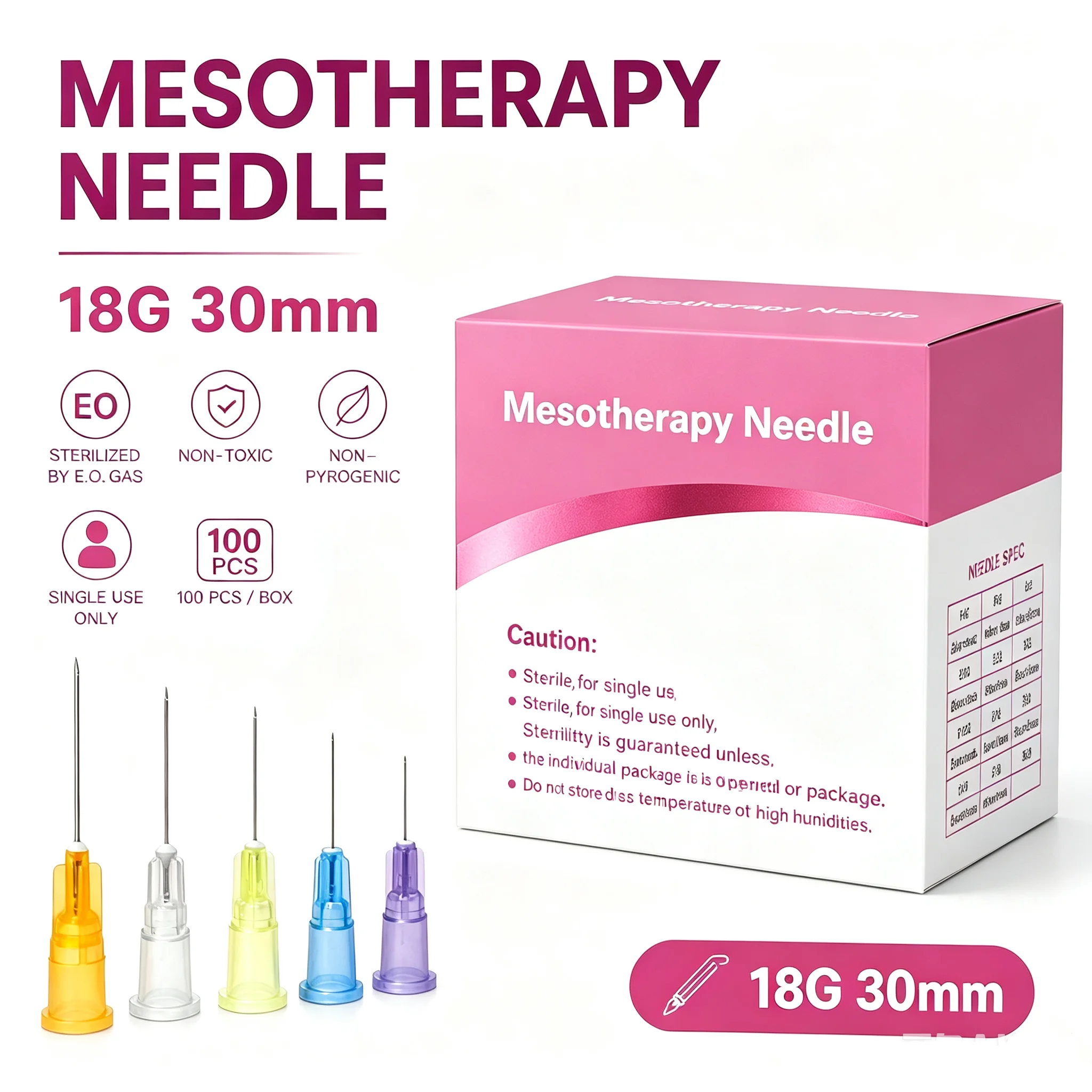 100Pcs Disposable Sterile Meso Needle 18G 30mm Ultra Fine Painless Mesotherapy Micro Injection Tip For Facial Skin Beauty Salon