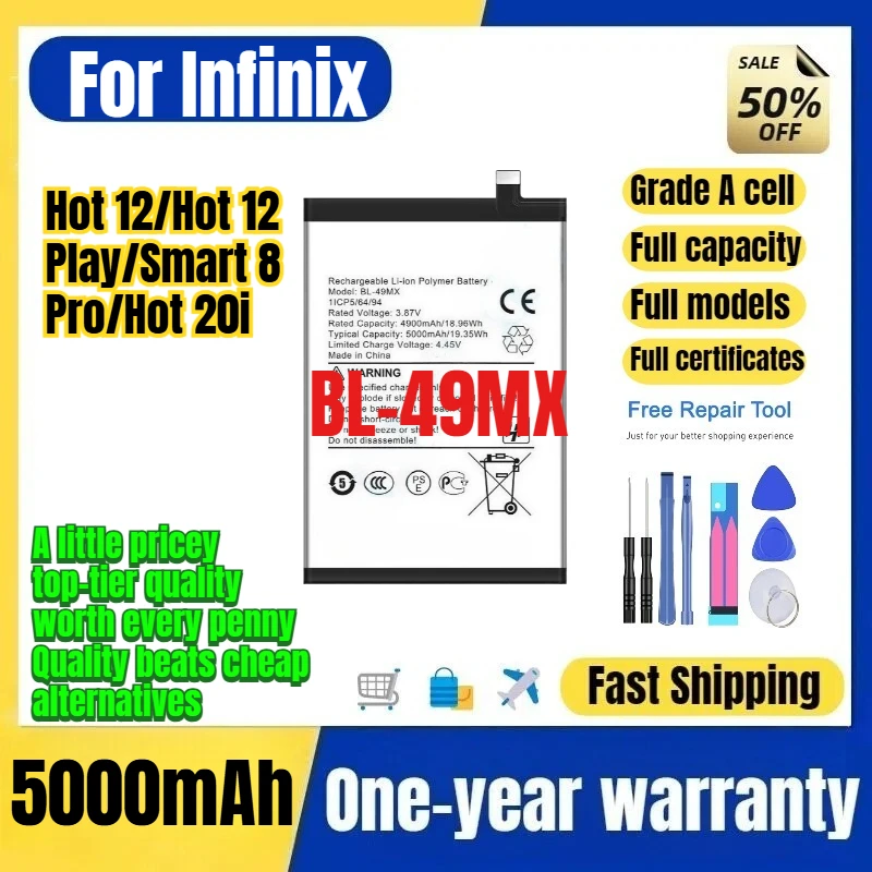 BL-49MX for Infinix Tecno Hot 12/Hot 12 Play/Smart 8 Pro/Hot 20i Phone Battery Replacement Bateria Grade A Cell with Tools
