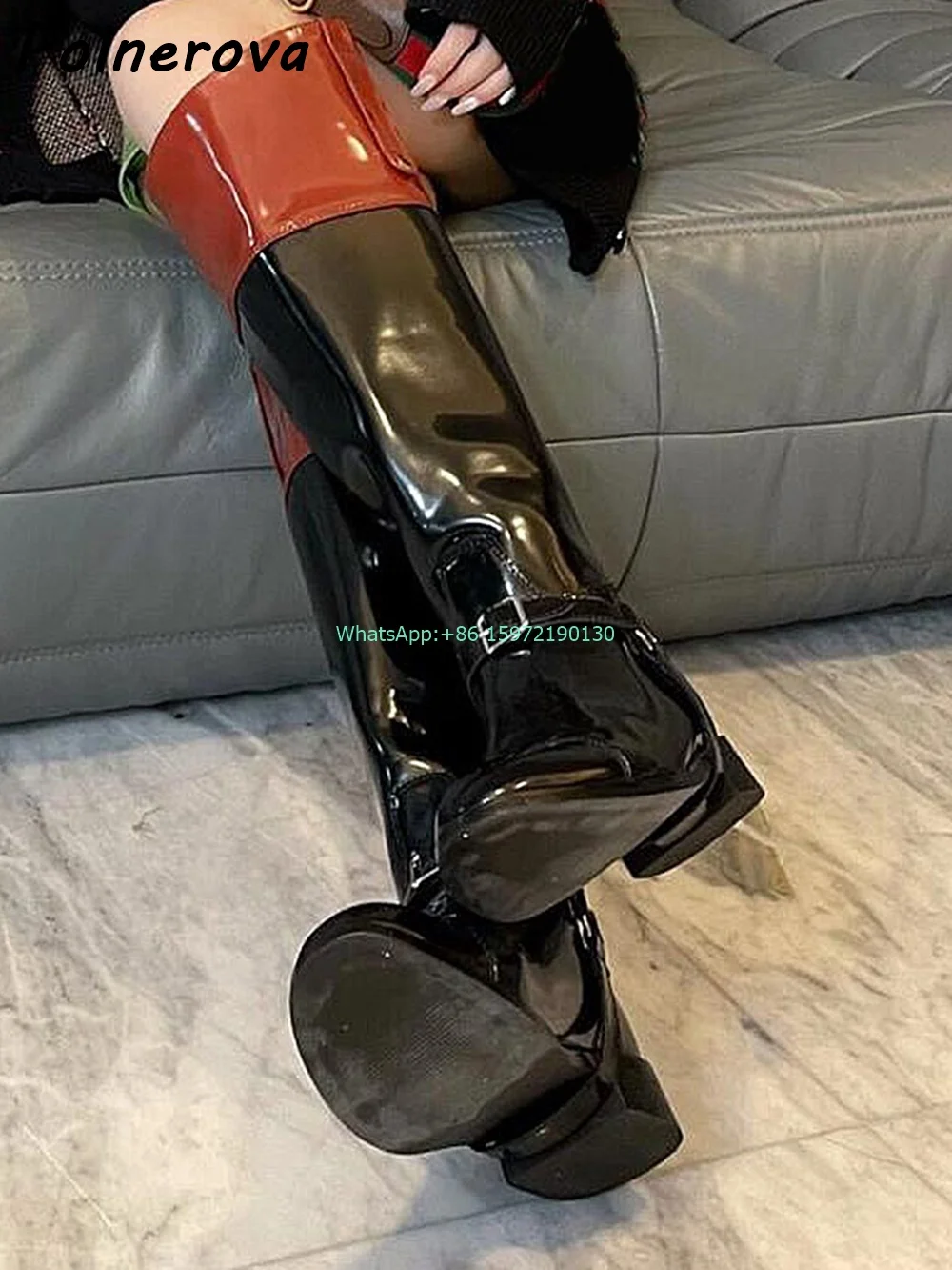 

Red Black Belt Buckle Boots Round Toe Chunky Heels Slip On Mixed Color Knee High Boots Hotties Retro Leisure Modern Knight Boots