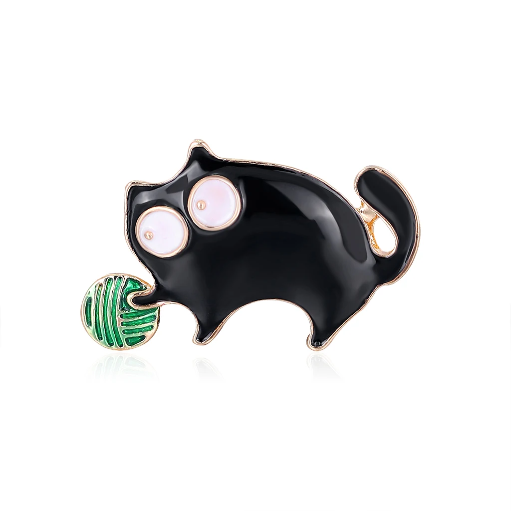 Black Cartoon Cat Brooch Holding a Ball, Korean Style Personality Fashion Oil Drop Brooch Pins Gifts