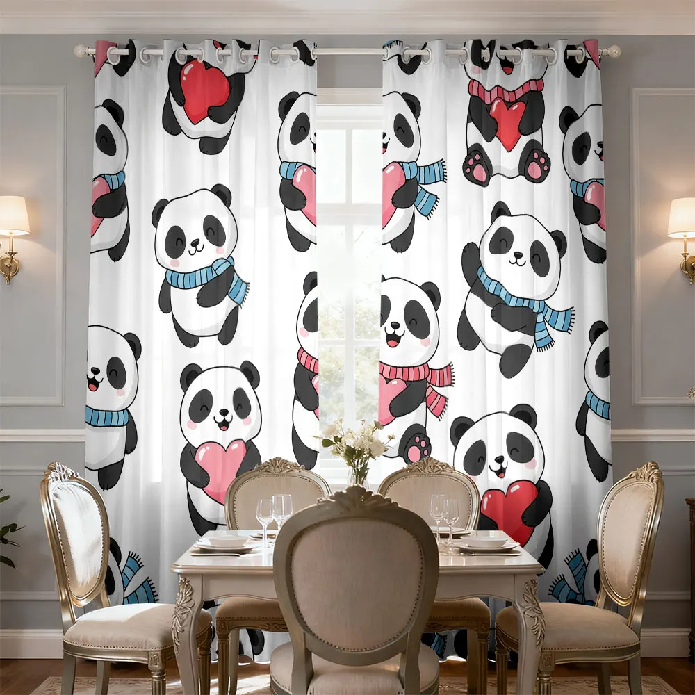 A two-piece 90-gram printed curtain decorated with a panda hugging heart scarf pattern, suitable for machine washing