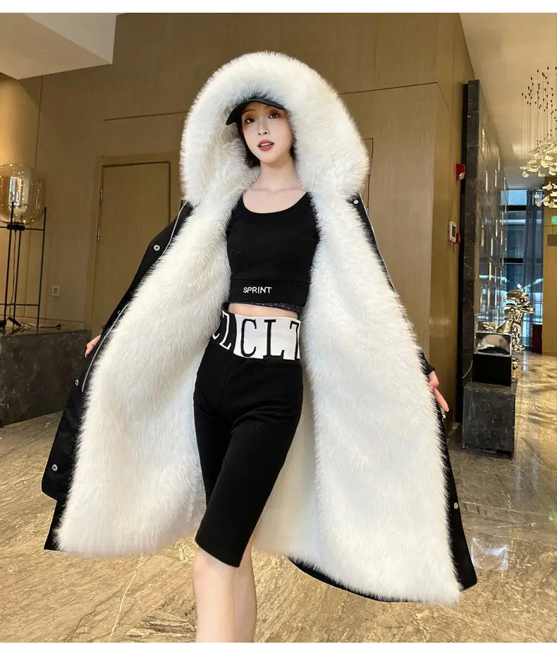 เสื้อโค้ทพาร์กาผู้หญิง ฤดูหนาว 2025 ซับในขนเฟอร์เทียมแบบถอดได้ แจ็คเก็ตยาวอุ่น