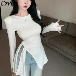 T-shirts Women Designed Clean Fit Side-slit High Street Bandage Streetwear Fashion Hipster Y2k Tops Korean Clothes Fall Ulzzang