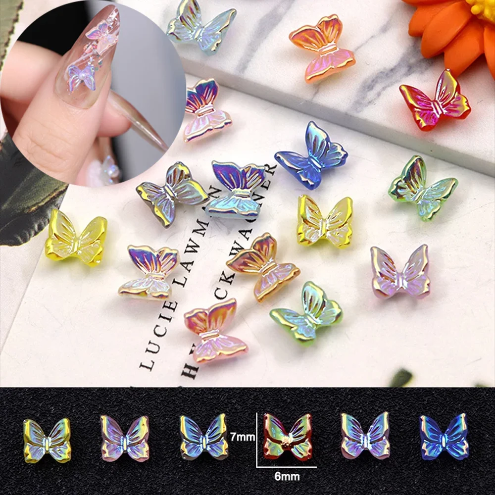 50pcs Aurora Smart Color Butterfly Nail Art Charm 3D Resin Holographic Fashion Magic Butterfly Nail Decoration Kawaii Nail Parts