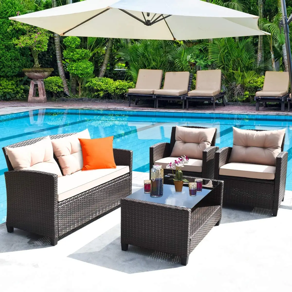 4-Piece Patio Conversation Set Rattan Wicker Chair Furniture Set with 1 Loveseat, 2 Single Sofas, 1 Coffee Table for Backyard