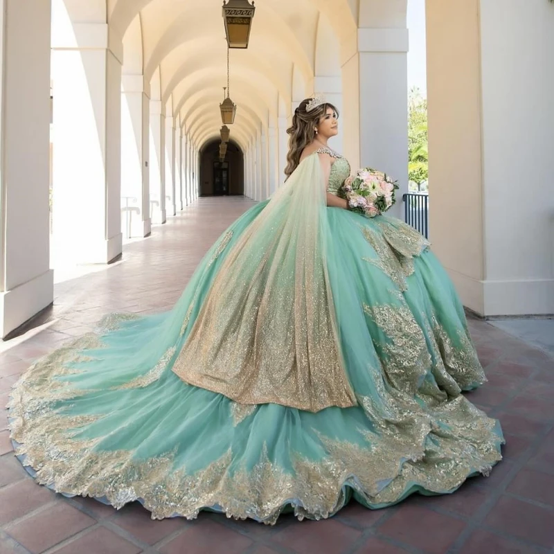 

Lorencia зеленое блестящее платье Quinceanera бальное платье с золотыми бусинами аппликация накидка мексиканское милое 16 платье платья для 15 лет YQD221
