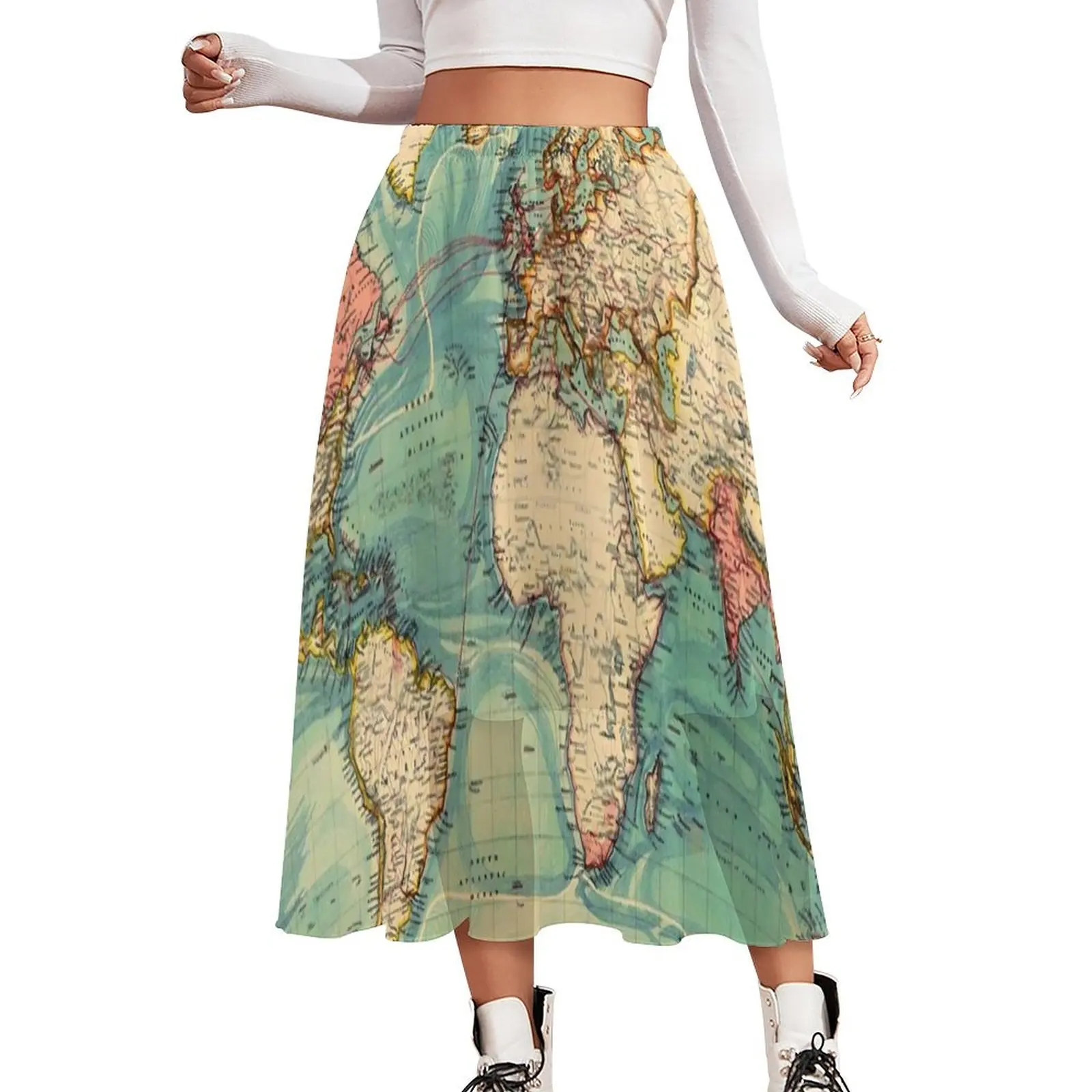 World Map Skirt Vintage Map of The World 1883 Modern Boho Skirts Elastic Waist Design Y2K Casual Skirt Big Size 2XL 3XL