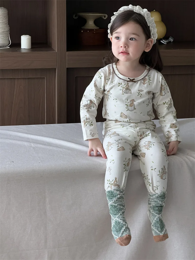 2024 Autumn New Baby Girl Floral Tops + Pants 2pcs Suit Infant Long Sleeve Cotton Pajamas Set Kids Girls Home Clothes Outfits