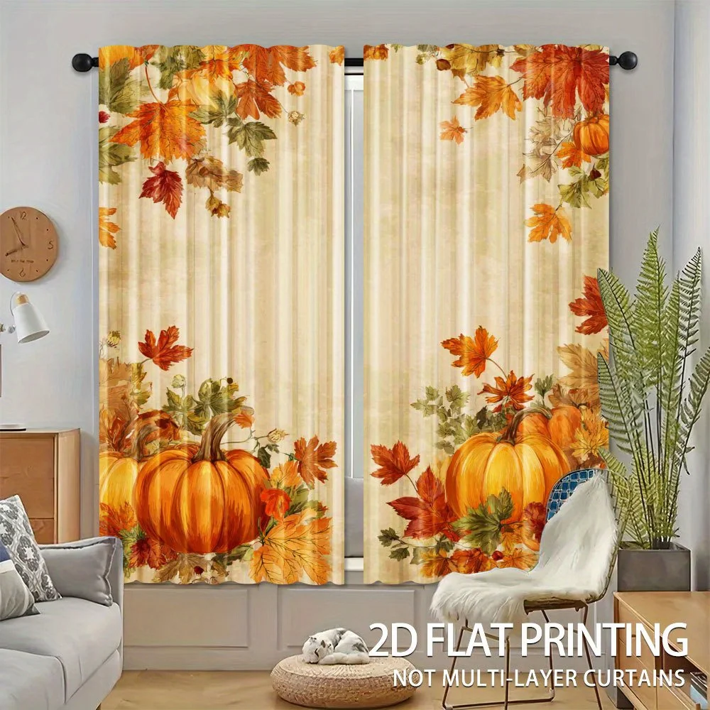 Autumn Pumpkin Curtain Panels, Fall Pumpkin Maple Leaf Vintage Beige Background Print Drapes for Harvest Bedroom Home Decor