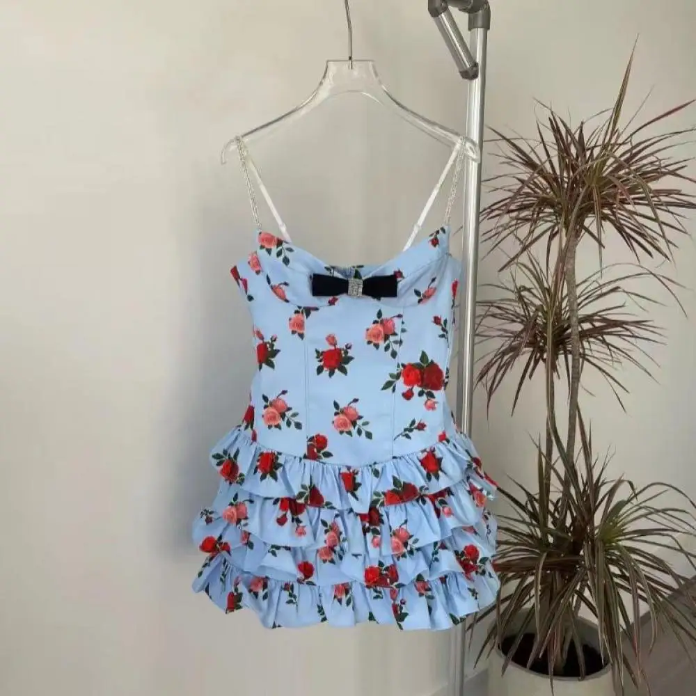 

Hoilday Sexy Rose Print V-Neck Diamond Sling Slim Blue Dress Designer Brand Bow Sweet Women Party Cake Mini Dresses 2024 Summer