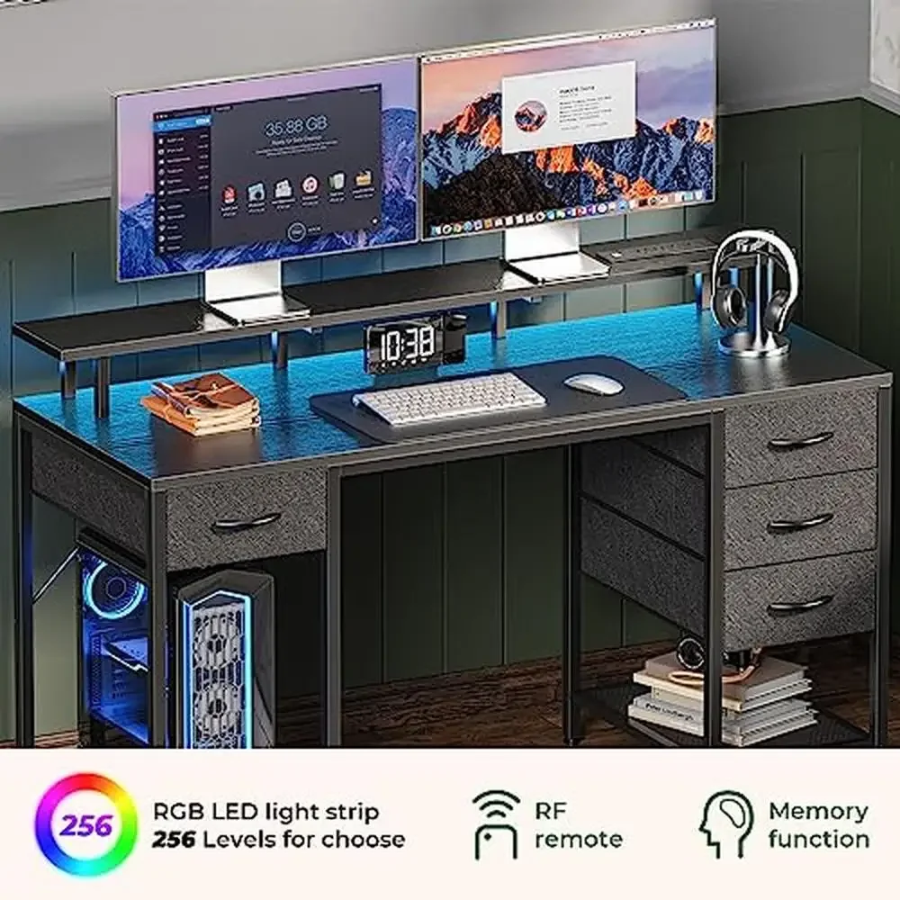 Computer Desk Gaming Desk LED Lights Power Outlets Storage Space 47"  4 Drawers Shelves USB Ports Monitor Stand Easy
