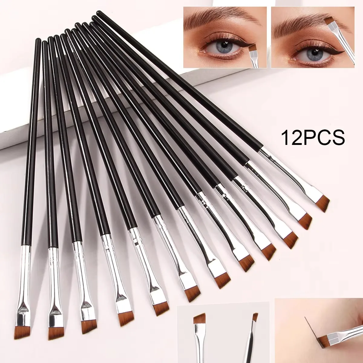 12pcs Ultra-fine Blade Eyeliner Brush Super Soft Makeup Brush Portable Eyebrow Brush Multi Functional Multi-purpose Makeup Tool