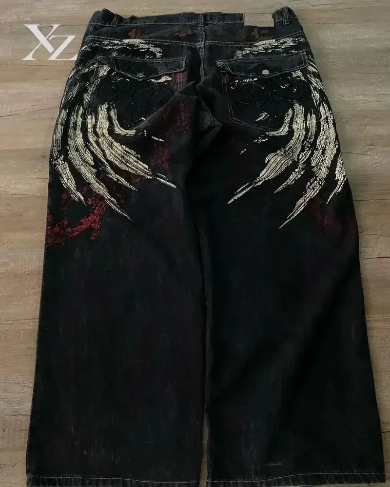 Y2K Wide Leg Baggy Jeans Goth Flame Wing Print Streetwear Oversize Denim Pants Unisex Graphic Hiphop Oldschool Loose Seasons