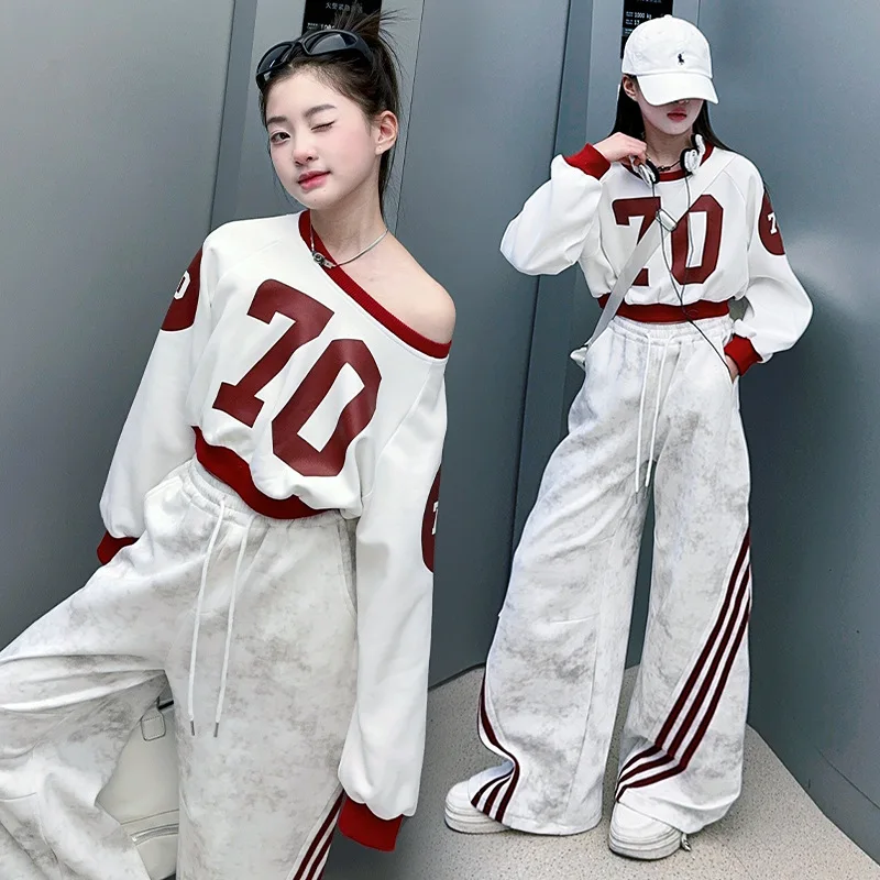 

2025 spring youth girls tracksuits clothes American short hoodie+Wide leg pants 2pcs teen kid sport suit child outfits sets 4-14