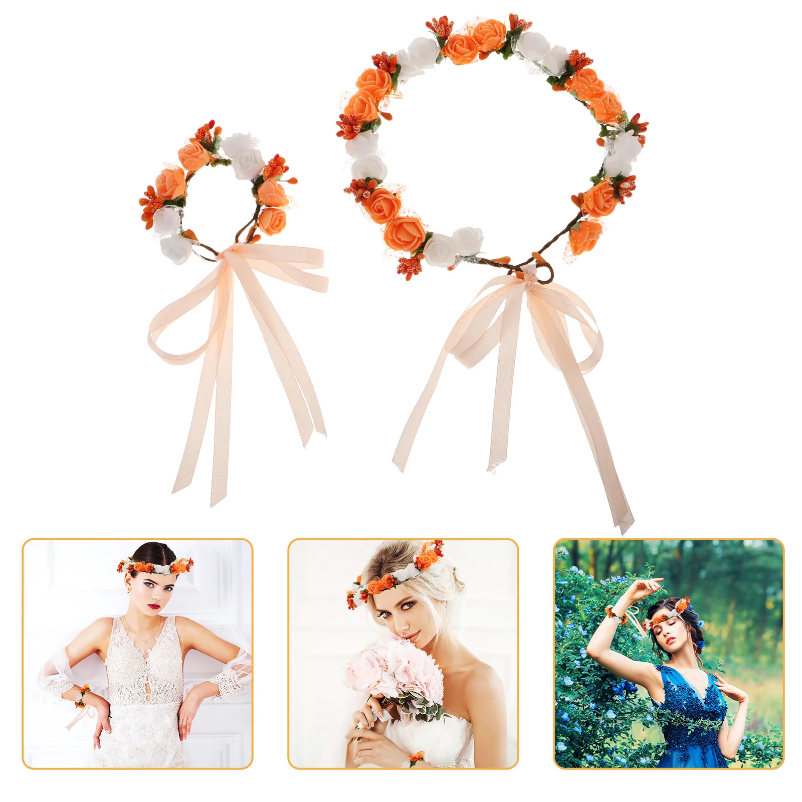 

1Set Bridal Rose Headband Crown Wristband Boho Style Artificial Flower Wreath Wedding Accessories Wrist Corsage