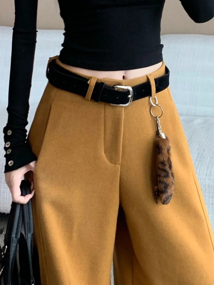 Traje Retro, pantalones de pierna ancha para mujer, diseño de otoño e invierno, pantalones con cuchillo curvo de pierna recta sueltos informales de cintura alta