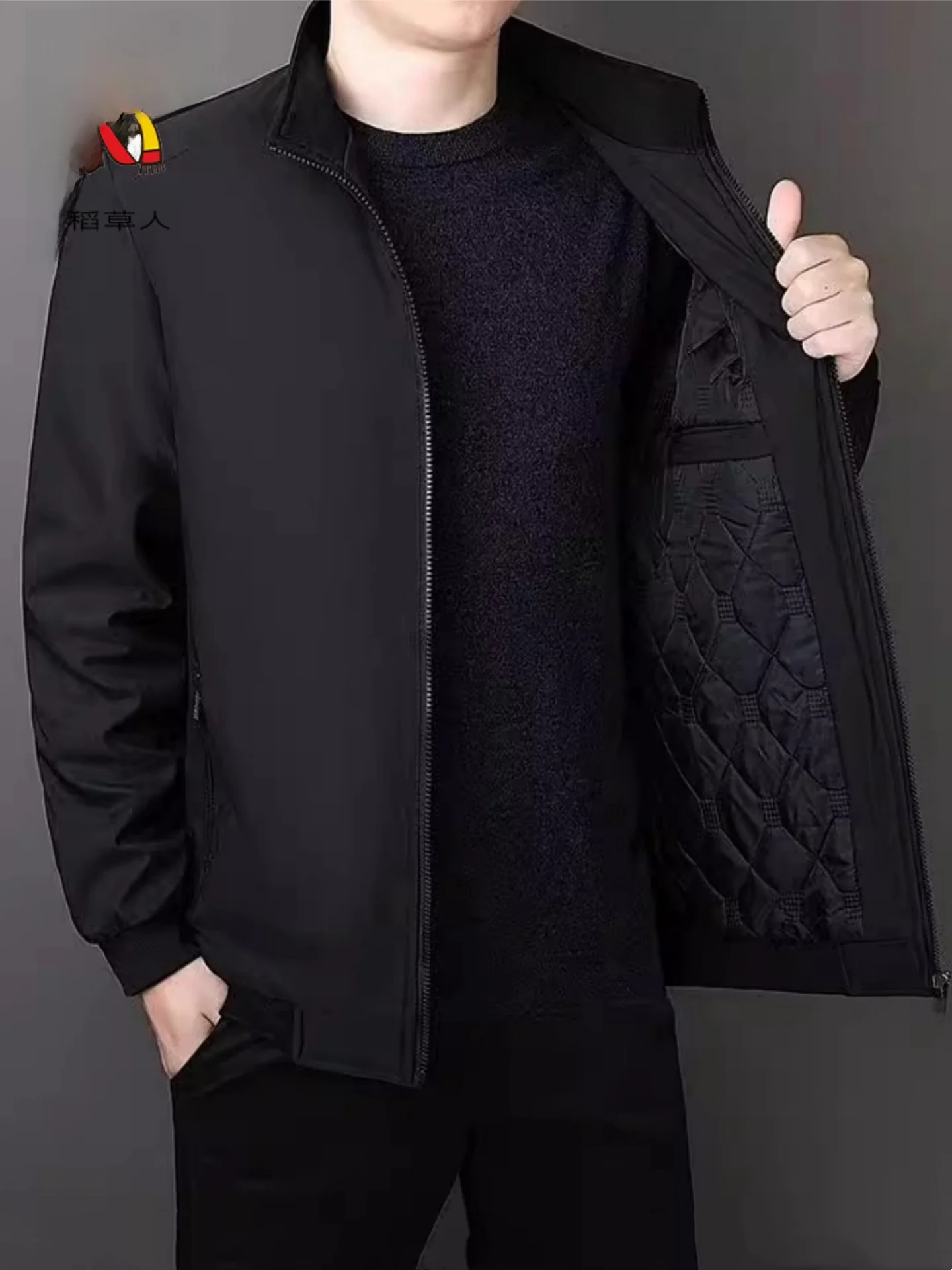 

Thiened Fce Lined Jaet Men's Winter Busin Adstration Warm Large Size Cotton Coat Stand Collar Zipper Closure