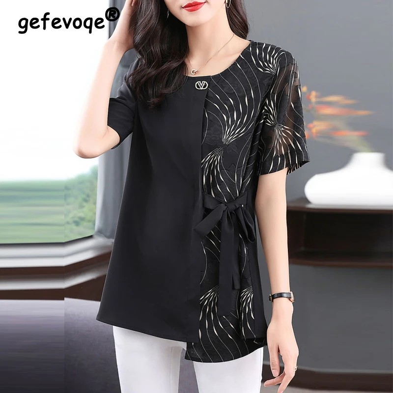 Asymmetrical Print Patchwork Lace Up Elegant Office Ladies Tunic Tops Blouses New Summer Fashion Women Short Sleeve Loose Shirts