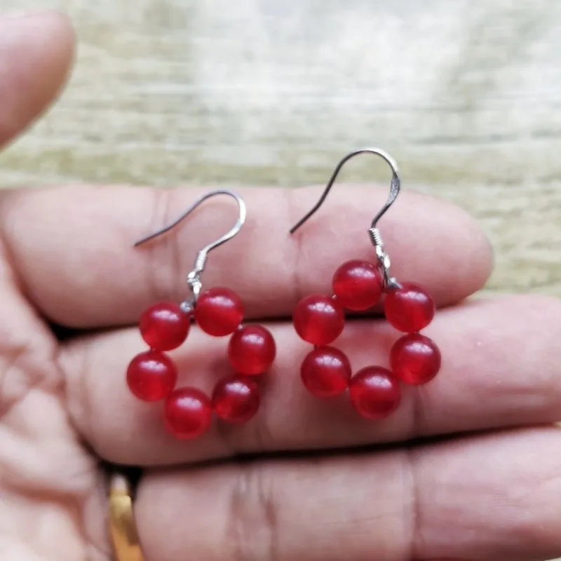 Medium and long agate chalcedony earrings, women's ethnic temperament, round earrings, ear jewelry.