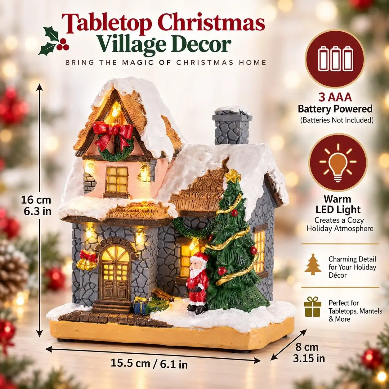 Weihnachtsdorf-Haus LED-Beleuchtete Sammlerfigur Schneehütte Weihnachtsmann Baum Tisch Weihnachts-Heimdekoration Geschenk – Detail 3