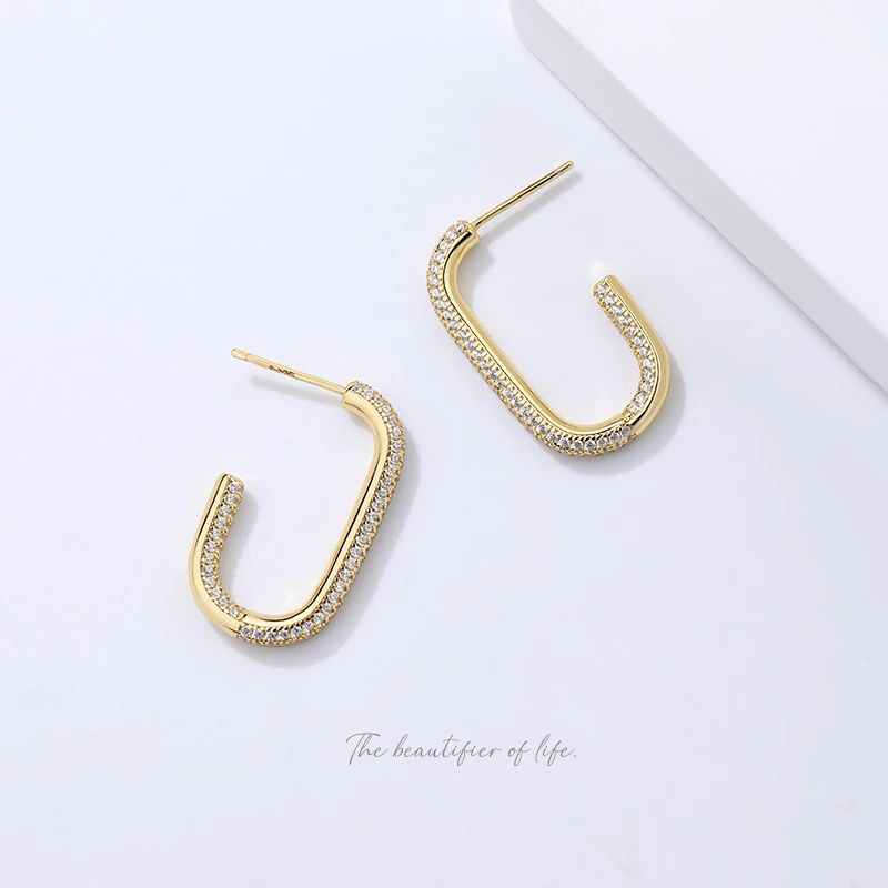 White Zircon C Shape 925 Sterling Silver Funky  Hoop Earrings 18k Gold Plated Women's Jewelry Gift Drop Shipping