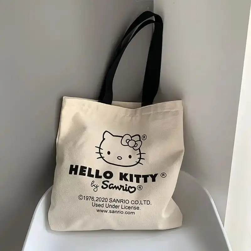 Hello Kitty Sanrio Canvas Shoulder Bag Fashion Tote High Capacity Casual Print Anime Handbag Ladies Reusable Shopper Tote Bag