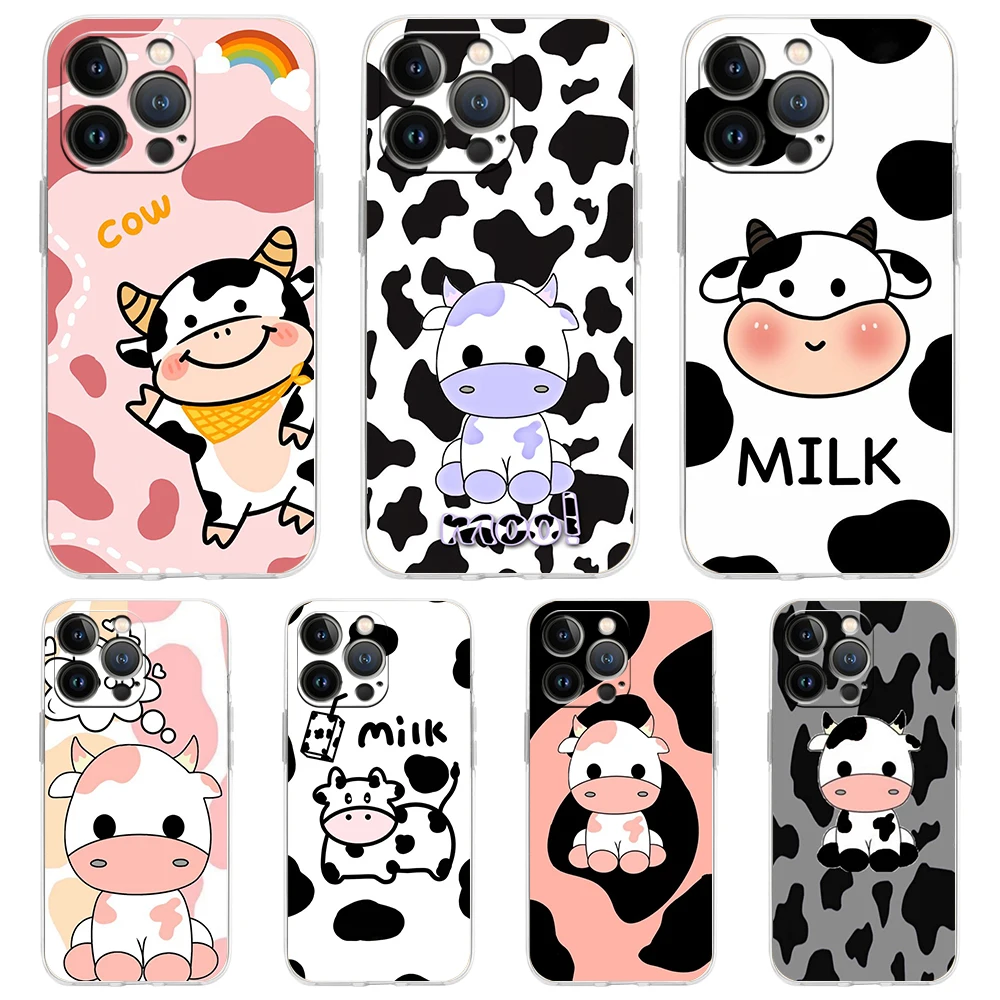 Cute Milk Cow Transparent Phone Case Cover for iPhone 16 15 14 13 12 11 Pro Max XS Max 14 7 8 Plus XR XS Soft Shell Coque Capas