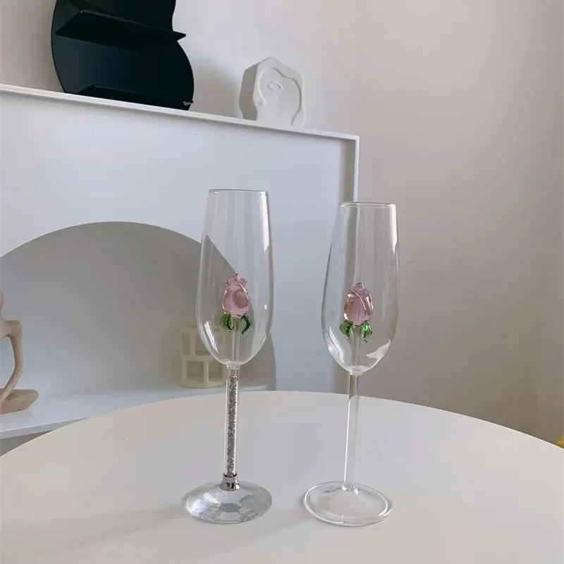 Creative 3D Rose Champagne Flute Custom Wine Glass Goblet Tumbler Mug Cup with Rose Inside Lovely Glassware Gift