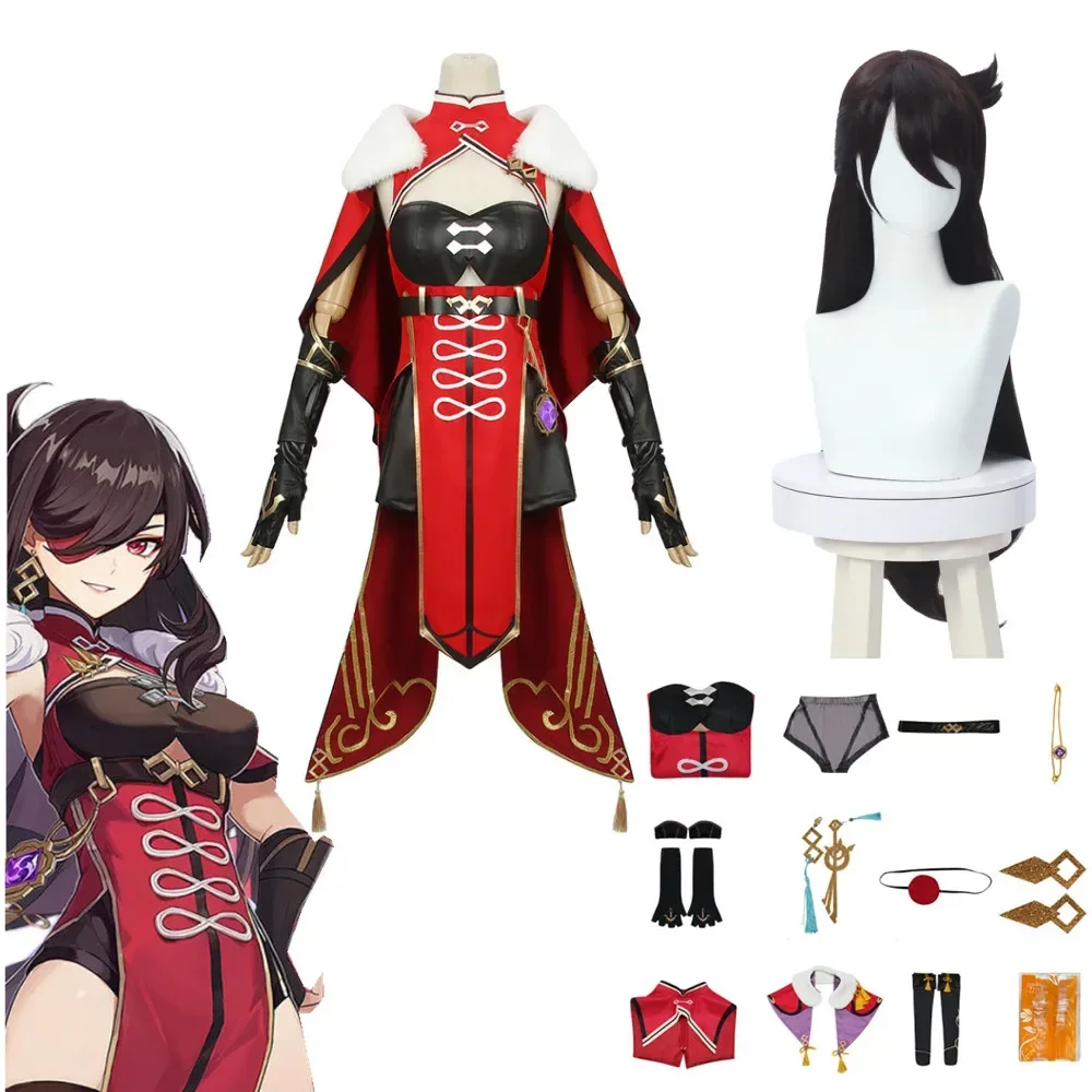 Disfraz de Genshin Impact Beidou para mujer, traje de Cosplay, vestido de Halloween, capa, conjunto completo, negro y rojo