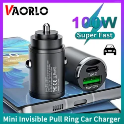 VAORLO Mini Invisible Pull Ring Car Charger USB 100W+Type-C/PD30W+QC3.0 Daul Port Super Fast Flash Charging Phone Charge Adapter