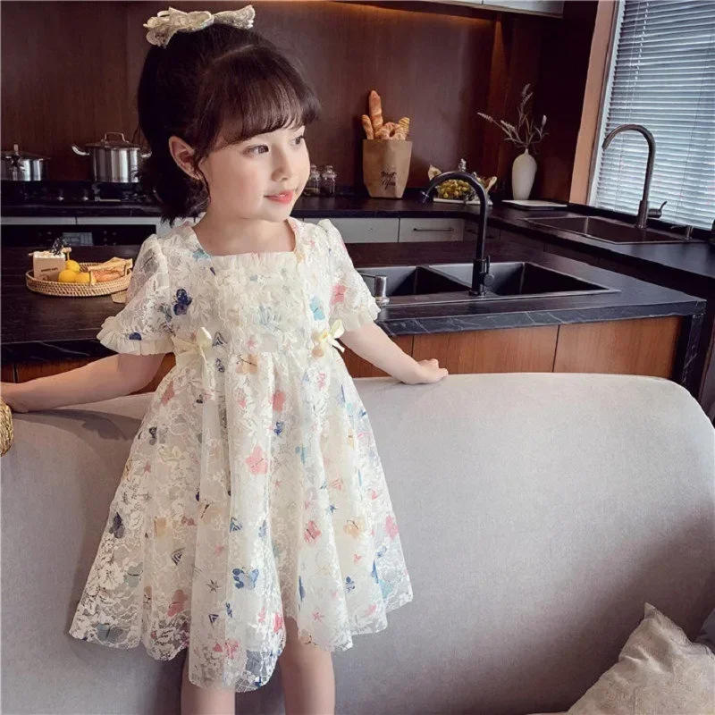 Cute Summer Princess Wedding Ball Birthday Party Clothes Girl Lace Butterfly Printing White Pink Dress Children 1-8 Year Old New