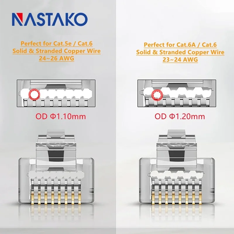 RJ45 pass Connector Cat5e Cat6 Cat6A RJ45 Passthrough Connector STP Gold Plated 3 pins Modular Plug 8P8C Network Cable Jacks