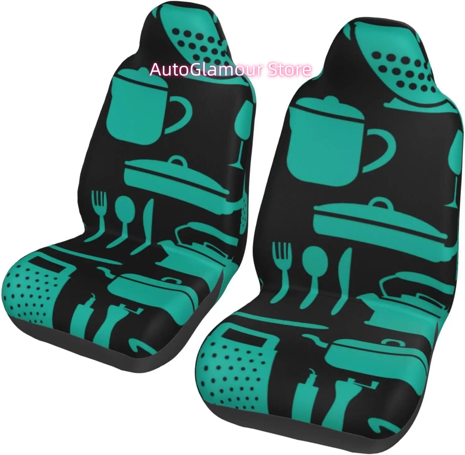 Trendy Teal Kitchen Theme 2-Piece   Seat Cover Complete Set - Elastic Seat Protection Cover for Cars, Trucks, Suvs,