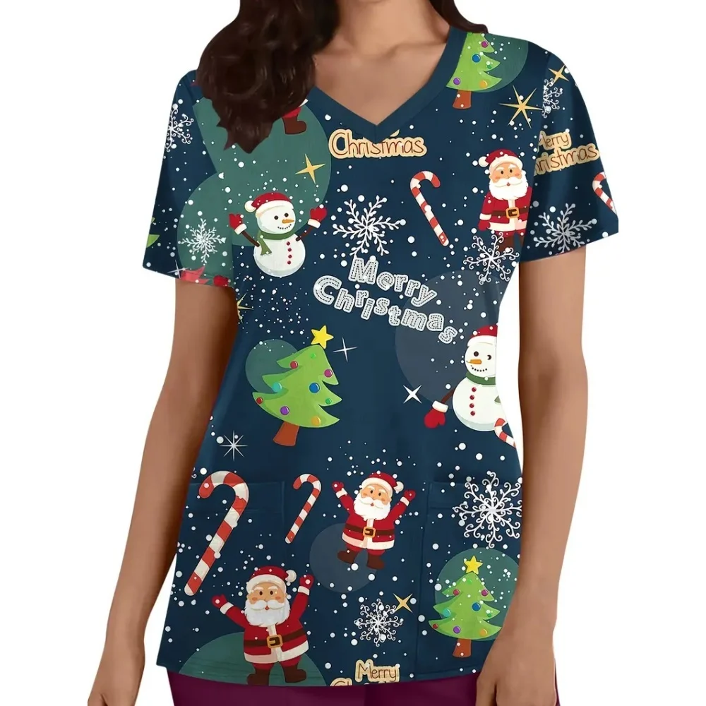 Scrub Medical Woman Summer Christmas Snowman Print V-Neck Short Sleeves Cute Nursing Uniforms Tops Dental Women's Nurse Clothes