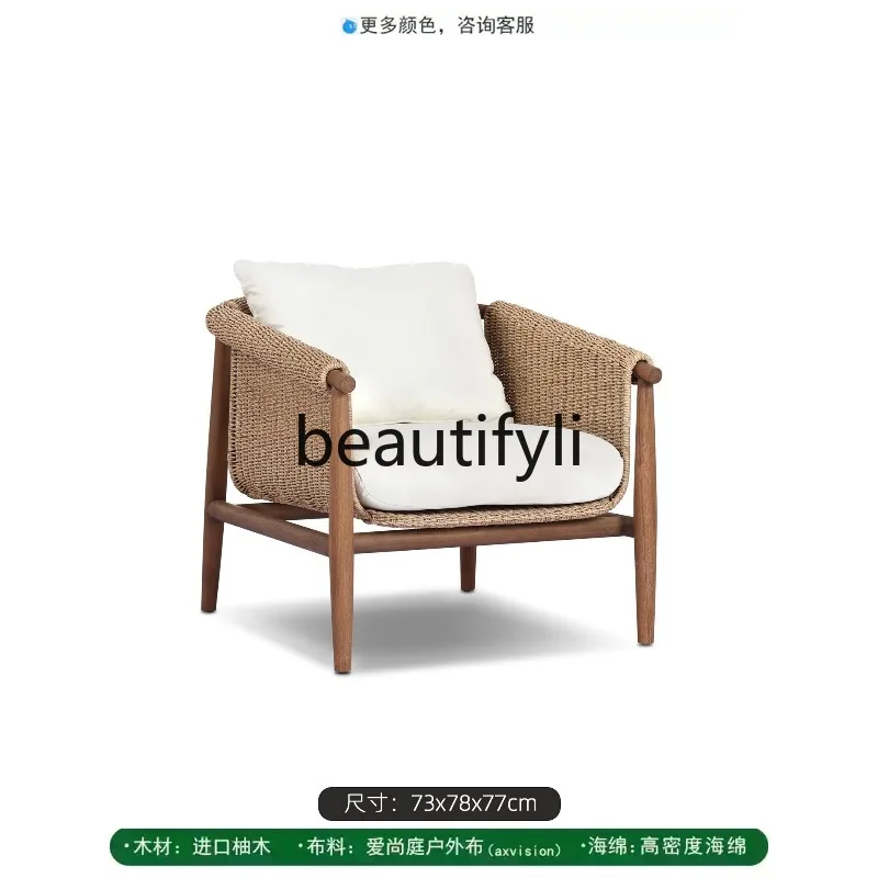 Outdoor Sofa Teak Wood Set Hotel Open-Air Courtyard Waterproof Garden Rattan Chair Balcony Vintage Dining Table and Chairs  H