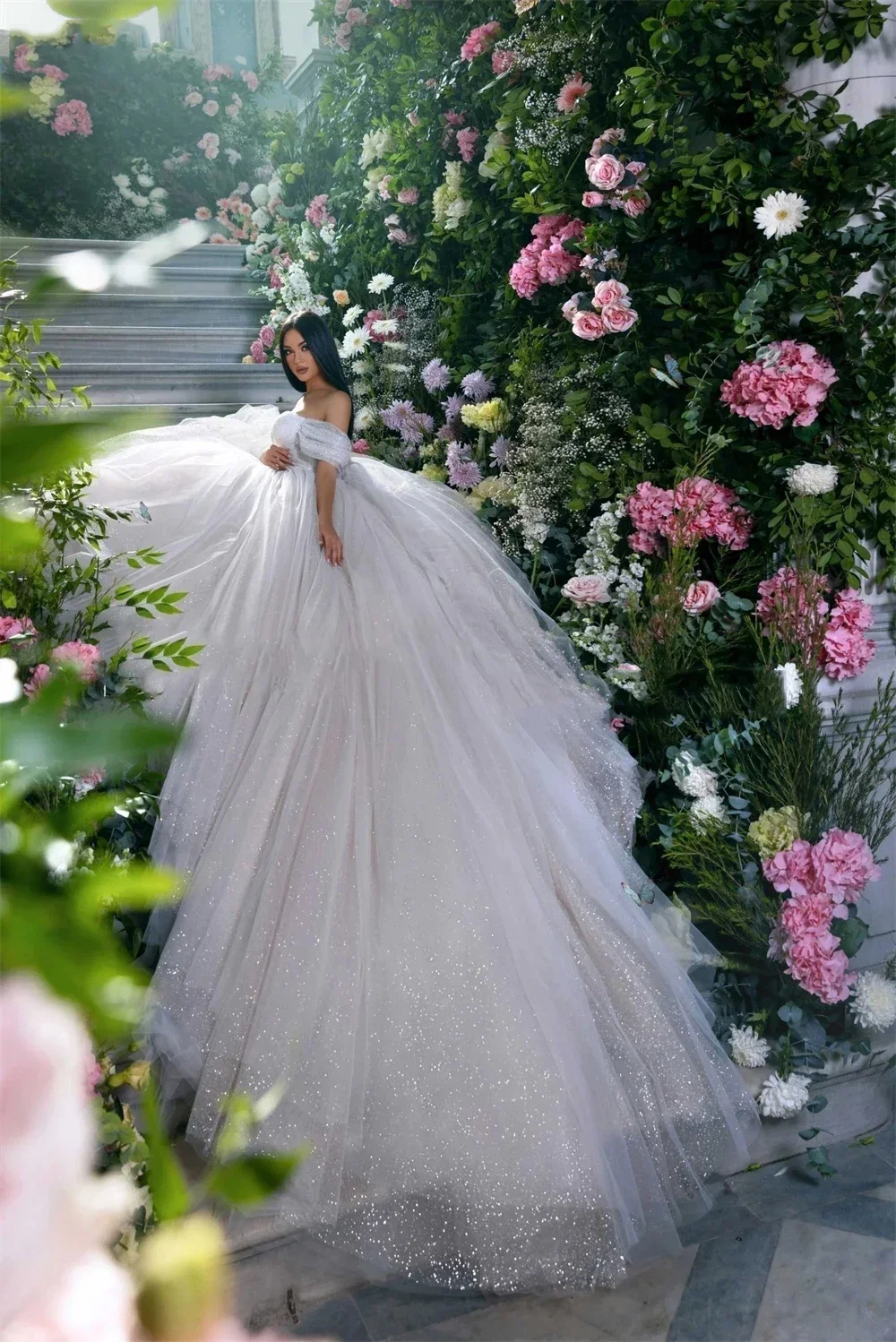 

Vinca Sunny Customized Tulle Wedding Dresses Off Shoulder Shiny Puffy Pleated Prom Bridal Gowns Sparkly Ball Pageant Party Robe