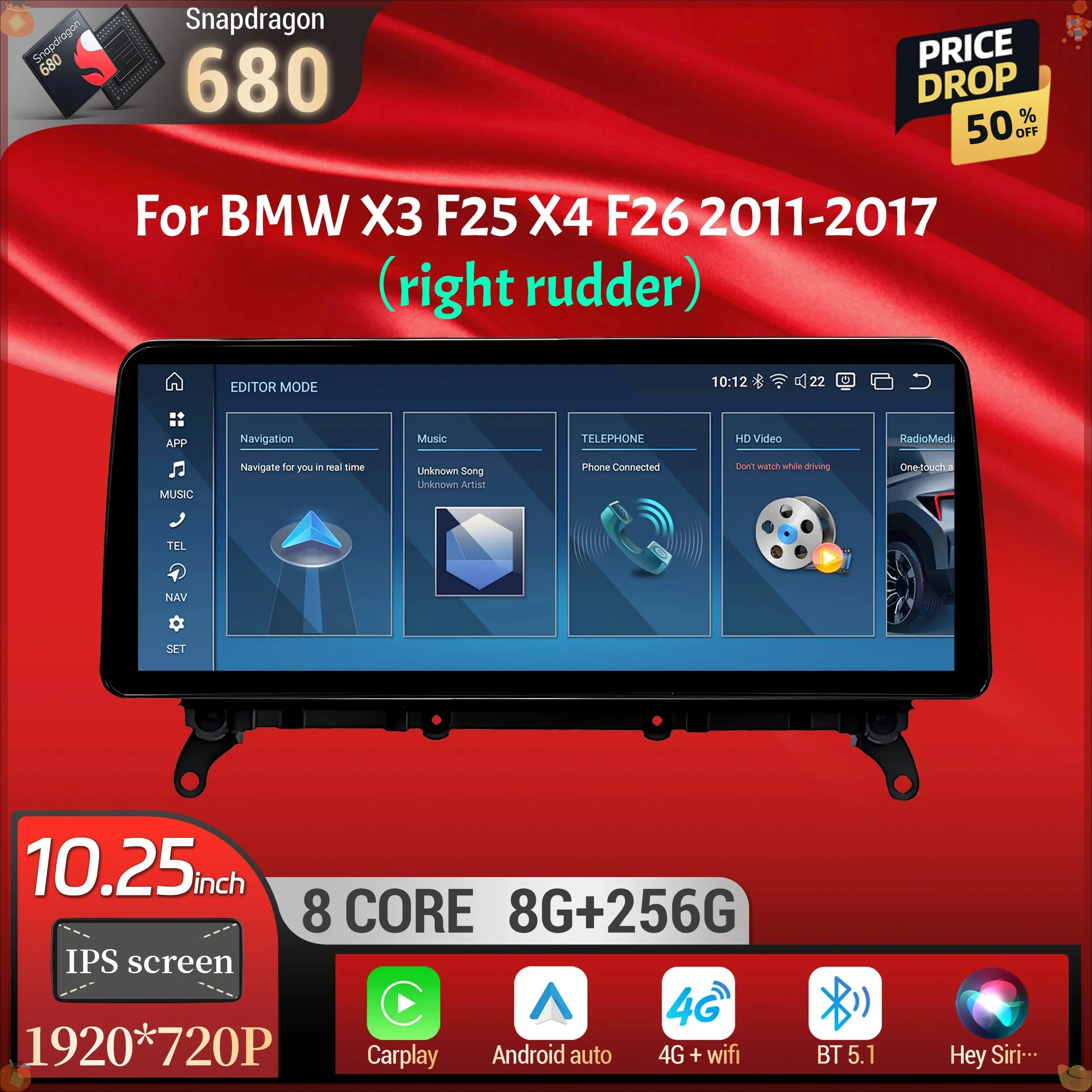 10.25 inch Right Hand Drive Android 14 For BMW X3 F25 X4 F26 2011-2017 Car Radio Wireless BT Carplay Snapdragon 680 Touch Screen