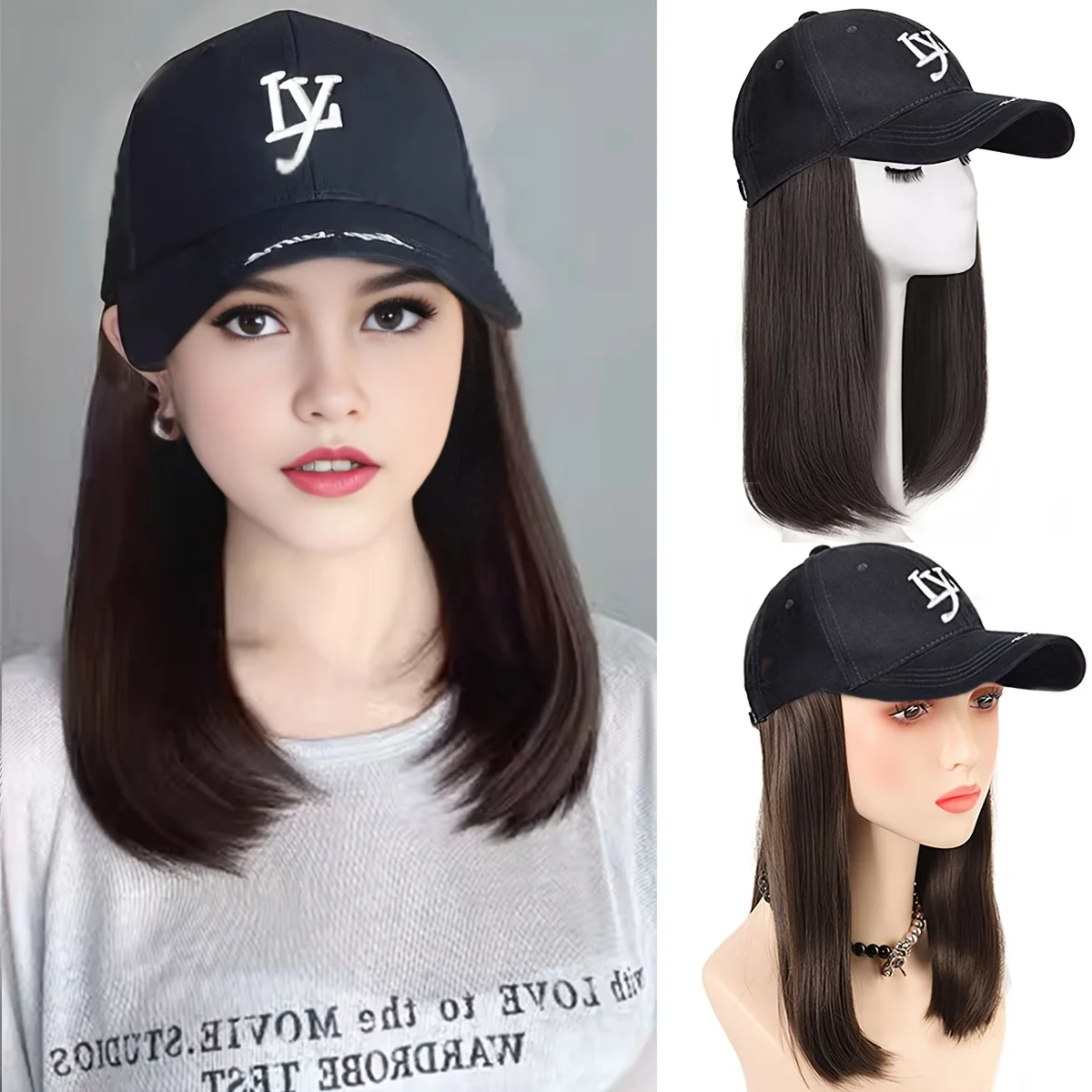 

Embroidered Letter Black Cap Wig for Women - Short Straight Synthetic Hair, Easy to Wear, Perfect for Everyday Use