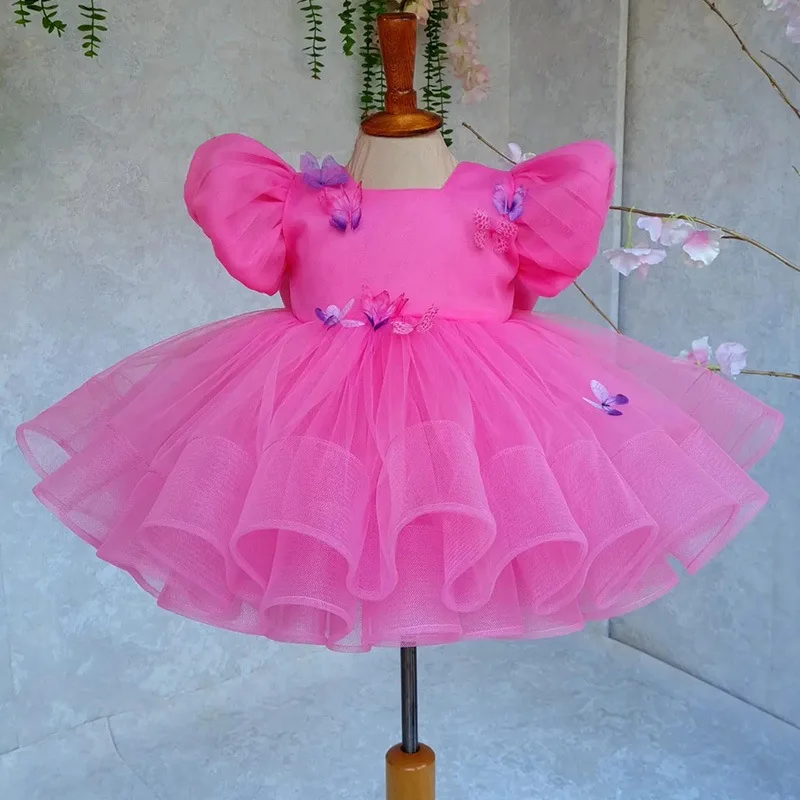 Customized Three-dimensional Butterfly Puff Sleeve Baby Slim Waist Flower Girls Dresses Sweet Princess Robe Kids Birthday Party