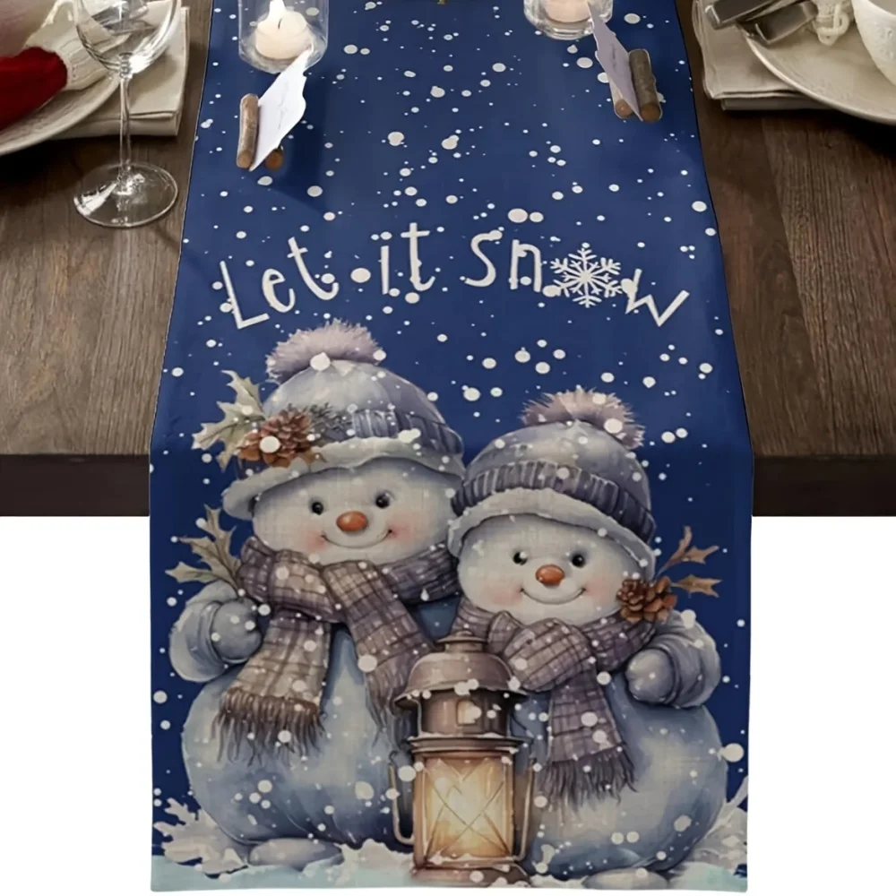 1 Stück Weihnachtsschneemann und Schneeflocken-Design, marineblauer Leinen-Tischläufer – Weihnachtsdekorationen für den Winter
