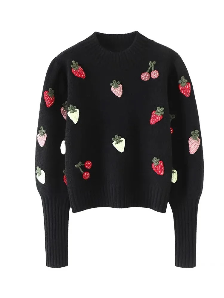 Strawberry Crochet Knit Sweater Pullover Women Half High Collar Long Sleeve Tops Knitwear 2024 Spring Stylish Fashion Chic Jumpe