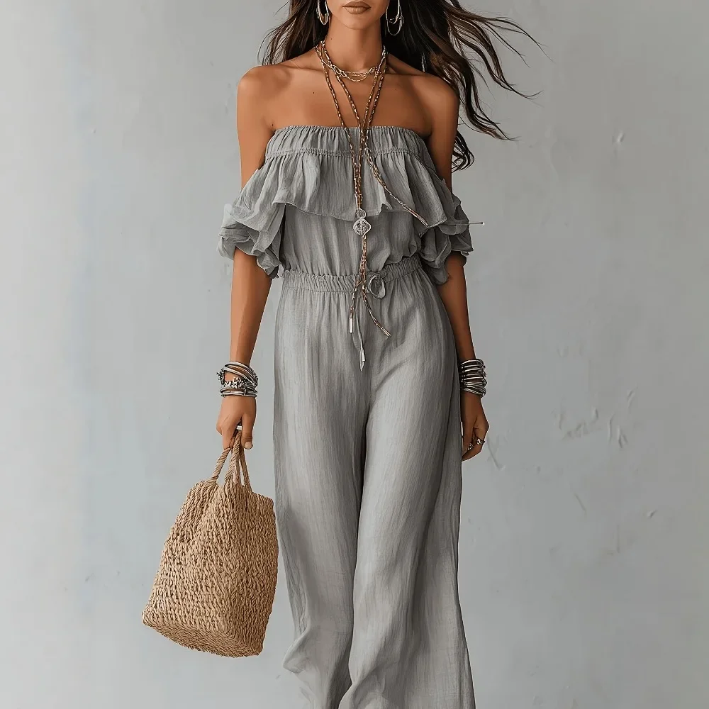 Women Off Shoulder Ruffle Jumpsuit Strapless Tube Top Romper Elastic Waist Beach Vacation Breathable Flowy Flattering Casual