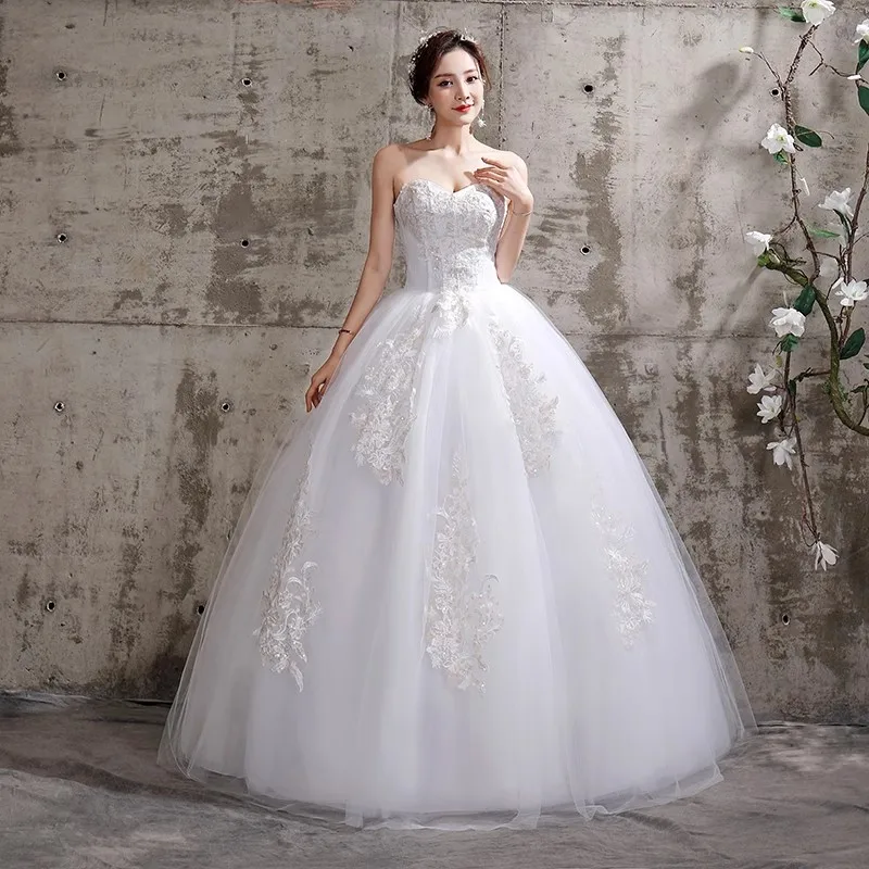 It's Yiiya White Cheap Wedding Dresses Bling Appliques Strapless Lace up Princess Floor-length Plus size Bride Ball Gowns XN048